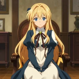 a character portrait of violet evergarden, sitting down on a chair in a victorian home background, style of kyoto animations, trending on pixiv, anime, high detail, character accurate