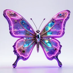 futuristic neon light shaped into mechanical butterfly, intricate complex circuitry and iridescent microchips, colorful, crystal, neon, violet, highly detailed body, powerful and magical, ornate, photorealistic camera shot, bright studio setting, studio lighting, crisp quality and light reflections, unreal engine 5 quality render