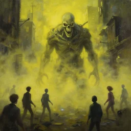 grim oil painting of a poison yellow fog in a city killing people, octane rendering, trending on artstation, studio ghibli, michael whealan and james gurney