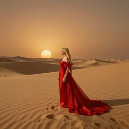 surrealistic landscape, blonde girl in a red wedding dress, art nouveau, a distant sun in the background, chiaroscuro shading, harmony, desert, balance