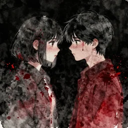 “emo dramatic black and red watercolor illustration of a man and a woman facing each other, covered in blood splatter, on black background, both have short black hair, sad expressions, stylistic”