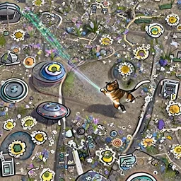 a wholesome cottagecore illustration of a cat chasing a laser from a UFO,  Pixar and Disney animation, sharp, Rendered in Redshift and Unreal Engine 5 by Greg Rutkowski, Bloom, dramatic lighting