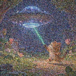 a wholesome cottagecore illustration of a cat chasing a laser from a UFO,  Pixar and Disney animation, sharp, Rendered in Redshift and Unreal Engine 5 by Greg Rutkowski, Bloom, dramatic lighting