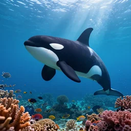 a beautiful, noble, giant orca : 1, underwater scenery, beautiful colorful corals, african cichlids and other species of small tropical sea - life, god - rays, volumetric lighting, 8 k, digital art