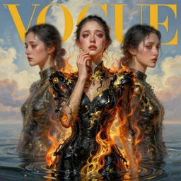 3 d, crying fashion model, flame, liquid black and gold water, morning, vogue cover style, poster art, high detail, intricate oil painting, multiple exposure, heaven mood, hyperrealism, 3 d, by tooth wu and wlop and beeple and greg rutkowski