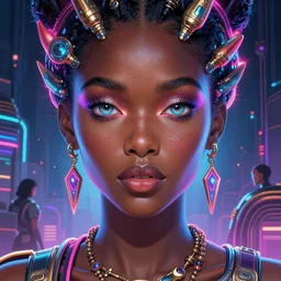 african neon goddess, science fiction, highly detailed, digital painting, beautiful eyes, symmetry, concept art, sharp focus, illustration, global illumination, radiant light, synthwave colors, detailed and intricate environment, art by artgerm and greg rutkowski and magali villeneuve and ilya kuvshinov!