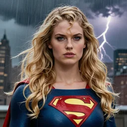 epic portrait of a very muscled supergirl with a concentrated face and extremely long blonde wavy hair, light rain, thunder storm background, intricate detailed face, city background, steve argyle, greg rutkowski, alphonse mucha, francine van hove