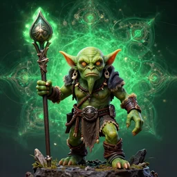 a photo of a shaman goblin in the style of Warhammer, green skin goblin in front of fractals, fractal background