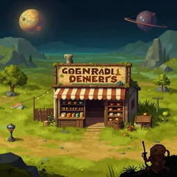 in front of a general store in a remote outpost, on an [ [ alien planet ] ], from a space themed point and click 2 d graphic adventure game, set design inspired slightly by hg giger and tomb raider, art inspired by thomas kinkade and greg rutkowski