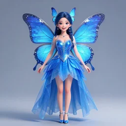 a butterfly princess wearing electric - blue dress, joyfully wearing butterfly braid, fairy goddess, symmetrical face, full body portrait, highly detailed clothing, octane render, unreal engine, trending on artstation.