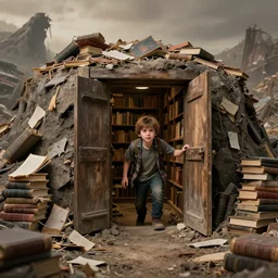 a young imaginative boy emerges from the trapdoor of his underground library hideout into a post apocalyptic wasteland landscape littered with mountains of destroyed books