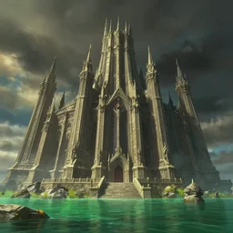 An enormous medieval castle of lich king near the dead green lake, Beautiful architecture, CGSociety, Highly detailed carvings, Atmosphere, Dramatic lighting, Epic composition, Close up, Low angle, Wide angle, by Miyazaki, Nausicaa Ghibli, Breath of The Wild