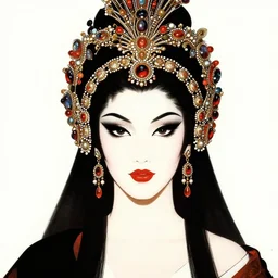 female korean vampiress, jeweled headdress, heavy mascara, strong line, saturated color, beautiful! coherent! by frank frazetta, high contrast, minimalism