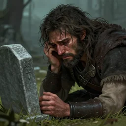 a depressed warrior cries at his beloved's tomb, rugged, messy hair, beard, sadness, fantasy, extremely detailed, smooth, sharp focus, digital illustration, by rossdraws, franzzeta, artgerm
