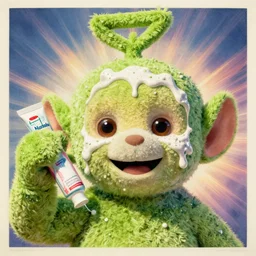 Blast of liquid toothpaste covering the Teletubbies face, big teeth smiling monster, toothpaste vintage advertisement poster printed CMYK ink coloured lithography