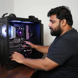 a slightly overweight bangleshi man with a black beard playing on his 5000 dollar pc