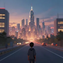 future dense city in the distance. looking from the highway. evening scene. len blur background bokeh. art by ismail inceoglu, filip hodas, and pixar.