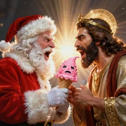 Santa and Jesus angrily screaming at each other, 80s movie action battle, crying pink ice cream with a face