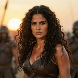 epic photo of muscular salma hayek as beautiful barbarian warrior princess with long curly black hair blowing in the wind in a battle scene, sweaty, detailed eyes, neutral expression, shallow depth of field, photorealistic, cinematic lighting, lovely bokeh, warm colours, sunset south, movie quality, the red sonya 1 9 8 5, movie still