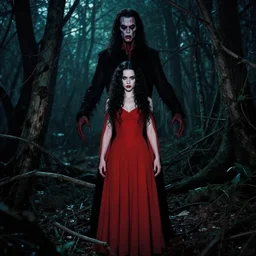 joshua middleton, richard avedon, full body, pretty alyson hannigan, evil dead demon, evil dead movie, red dress, symmetrical eyes, symmetrical face, long curly black hair, trees, forest, branches, cinematic lighting, evil dead creature, scary, blood
