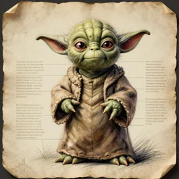 Vintage, detailed, colored sketch of Yoda's anatomy, full body, with full descriptions, on parchment
