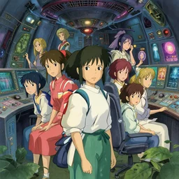 highly detailed anime girls in ufo control room, in the style of spirited away, vibrant colours, hyperrealism, dynamic lighting, art by satoshi kon and studio ghibli, lush detail, award winning, pixiv fanbox, trending on artstation, by otto dix and greg rutkowski and beeple, 4 k