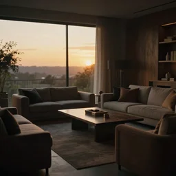soft focus cinematic still of dark dreamy golden sunset lighting in a dark luxurious living room, with a mix of antique and modern furniture, and a mix of concrete and wood finishes