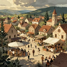 restaurant festival in a small town, illustrated in the style of python anghelo