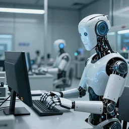 Robot typing on a computer in an undisclosed research facility, photorealistic