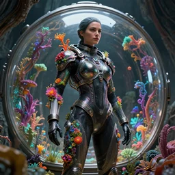 octane render by wayne barlow and carlo crivelli and glenn fabry, a woman in a skintight shiny black spacesuit with intricate iridescent metal detailing, covered in bright colorful alien flora and fauna inside a massive cavernous metal dome, cinema 4 d, ray traced lighting, ultra - detailed, volumetric lighting, low depth of field
