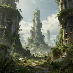 a post apocalyptic neo-brutalsist city with nature growing around, estructure, concept art, trending in artstation, landscape, space, realistic light