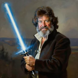 Bob Ross painting of Bob Ross with a lightsaber