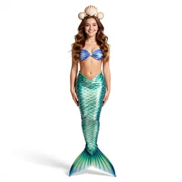 cheerful mermaid with shell crown, studio photography, full body, standing, isolated on a pure white background, centered, whole figure in frame, sharp focus, studio lighting