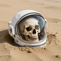 a skull under a cracked transparent visor on an astronaut helmet, half buried in the sand