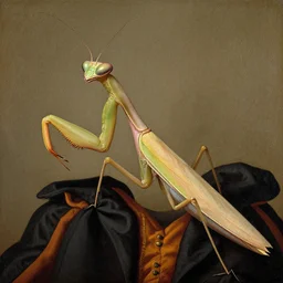 a praying mantis wearing French attire, painted in the style of Leonardo DaVinci