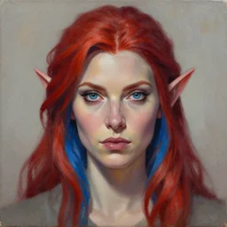 A detailed matte oil on canvas head on symmetrical portrait of a distinguished elven woman with red blue hair,  by Charlie bowater and lise deharme wlop, trending on artstationhd,  dungeons and dragons art, critical role