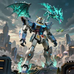 a massive futuristic sci - fi metropolis designed by james clyne being attacked by a giant gundam praying mantis mecha robot designed by paul ozzimo, holographic undertones, 3 d cg, octane rendered, highly saturated colors, futuristic, a teal fire - breathing winged dragon by greg rutkowski flies in the sky, mountainous landscape in the distance by albert bierstadt, ominous stunning sky by ivan aivazovsky,