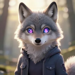 a female anthropomorphic wolf with galaxies flowing in her eyes wearing a torn jacket, depth of field, hyper realistic, comic art, trending on furaffinity, cartoon, kawaii, backlighting, furry art!!!, radiant light, bokeh, trending on artstation, digital art