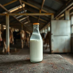 bottle of milk, over a rusted metal table inside slaughterhouse