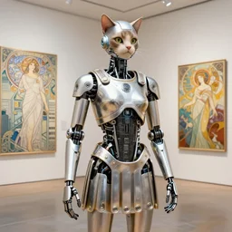 3 d octane render ultra photorealistic 8 k hyper detailed high quality image un tres jolie robot romain avec des oreille de chat cyberpunk in a contemporary art gallery in neo tokyo artwork line art by alphonse mucha