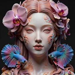 goddess full painted acryllic sculpture close-up portrait. orchid bird betta fish, intricate artwork by Tooth Wu and wlop and beeple. octane render, trending on artstation, greg rutkowski very coherent symmetrical artwork. cinematic, hyper realism, high detail, octane render, 8k