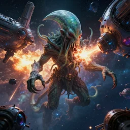 An epic beautiful 3D render of an ancient terrifying Cthulhu in space, consuming and eating and destroying a futuristic colorful spacestation.  Bright explosions.  By Ken Fairclough and Dylan Cole, trending on artstation, award winning.  Cinematic, film screenshot directed by Christopher Nolan and Denis Villeneuve.  PBR, path tracing, octane render, highly detailed.