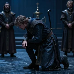 James Frain with a large crookback as an enigmatic, melancholic, limping medieval king from the 13th century, hyperrealist, detailed,  cinematic lighting, blue tones, shadows, 2022 movie, digital art by Rembrandt, Greg Rutkowski, Jan Matejko and J.Dickenson