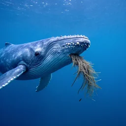 an underwater photo of a blue whale eating krill