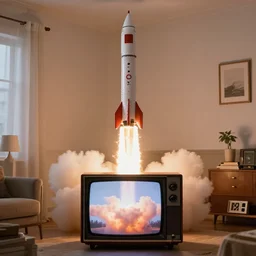 1 9 8 0's color photo rocket lift - off in retro television in living room