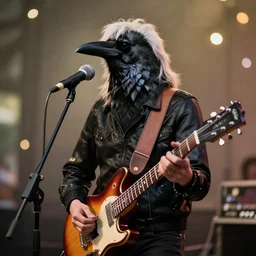 annie leibovitz photograph of an anthropomorphic crow guitarist, photorealistic, bokeh, 5 0 mm