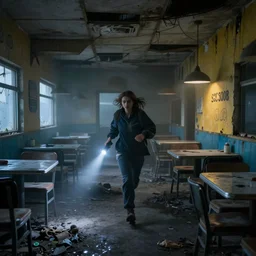 woman holding a flashlight running through the interior of an abandoned restaurant, blue and yellow theme, with no windows, tables and chairs, cinematic lighting, night, terrifying, scp 3008, landscape, fog, artstation