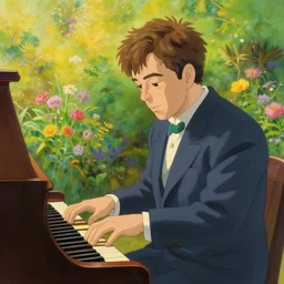 a painting of elton john playing the piano in the middle of a garden, dreamy, shrubery, flowers, golden hour, dreamy, 8 k concept art, enhanced hands, hyperrealistic, by studio ghibli, disney - style