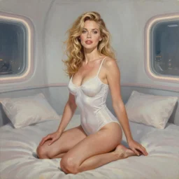 Olivia Newton John in A Futuristic Room, Playboy Centerfold, beautiful soft aesthetic, illustration, soft lighting, soft details, painting oil on canvas by Edmund Blair Leighton and Charlie Bowater octane render, HDR, trending on artstation, 4k, 8k, HD
