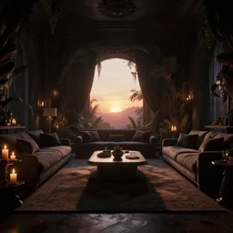 videogame screenshot of a very dark dreamy luxury organic living room, candlelight, sunset glow, dark shadows, octane render, volumetric lighting, raytracing, symmetrical wide shot low angle